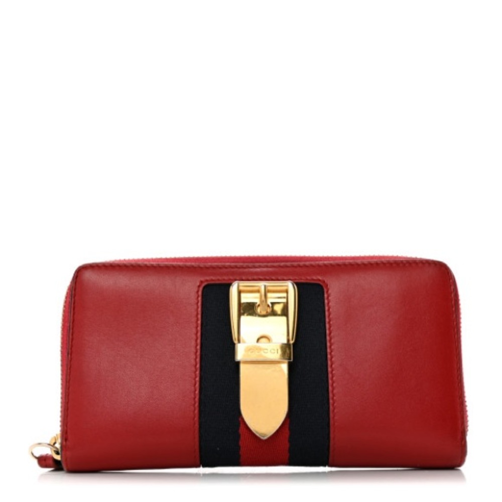Gucci Red Leather Zip Wallet with Gold Buckle and Black Stripe